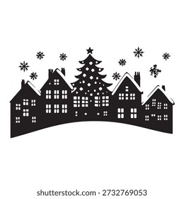 Wide horizontal winter landscape featuring diverse building silhouettes and large christmas tree. Detailed cityscape graphic with snowy roofs and falling snow elements. Elegant black and white composition for holiday websites and cards. Minimalist vector art showcasing cozy winter village scene.