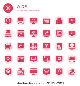 wide icon set. Collection of 30 filled wide icons included Television, Tv, Internet, Web, Website, Domain, Smart tv, Screen, Big screen