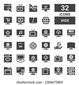 wide icon set. Collection of 32 filled wide icons included Domain, Screen, Television, Website, Tv, Internet
