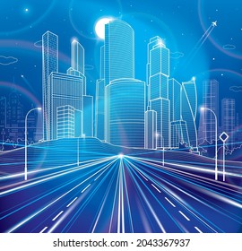 Wide illuminated highway. Modern night town. Traffic lights. Cars motion. Infrastructure outlines illustration, urban scene. White lines on blue background. Vector design art 