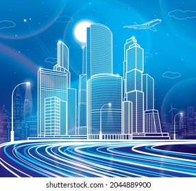 Carretera muy iluminada. Ciudad nocturna moderna. Luces de neón de tránsito. Paso de auto. La infraestructura describe la ilustración, la escena urbana. Líneas blancas de fondo azul. Arte de diseño de vectores 