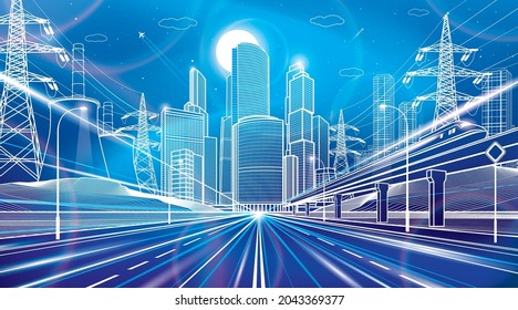 Wide illuminated highway. Train rides. Modern night town. Traffic neon lights. Cars motion. Infrastructure outlines illustration, urban scene. White lines on blue background. Vector design art 