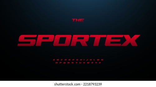 Wide italic bold font simple expanded alphabet extended letters. Red racing headline and automotive logo for sport, race, car service, esports, shirts, games, and speedy cinema. Vector typography