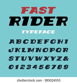 Wide italic font. Vector alphabet with latin letters and numbers.
