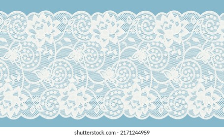 WIDE IVORY SCALLOPED LACE TRIM ON BLUE BACKGROUND