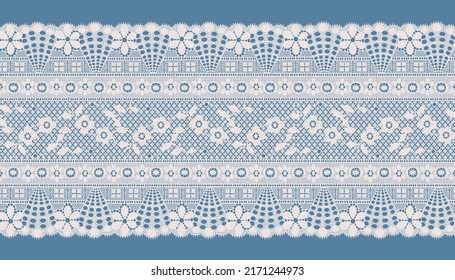 WIDE IVORY SCALLOPED LACE TRIM ON BLUE BACKGROUND