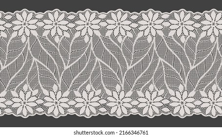 Wide  Lace Ribbon Trim With  Flower and leaf on dark background.