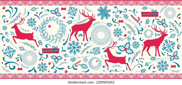 Wide lace ribbons and christmas symbols. Design elements with deer and snowflake icons. Seamless pattern for creating style, decor design. Lace decoration template of christmas or winter print