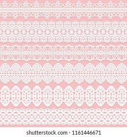 Wide lace seamless ribbons set on pink background. Borders for wedding designSuitable for laser cutting. Vector illustration.