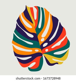 Wide large sheet of monstera in bright abstract colors.Vector flat illustration minimalist style. Drawing of an exotic plant. EPS 10
