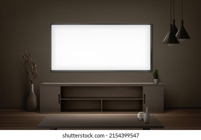 Wide lcd tv screen hanging on wall in living room at night. Modern house interior with flat plasma television set, stand and table. Vector realistic illustration of blank glowing screen in dark room