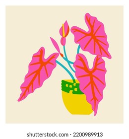 Wide leaves in pot in the style of risograph. Tropical houseplant with leaves. Contrast vector illustration isolated. Vector graphic drawing of palm tree in vase.