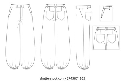 Wide Leg Balloon Pants Technical Flat Sketch Front, Back, and Side View Design Template with Elastic Cuffs and Pocket Details