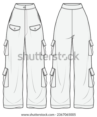 Wide Leg Cargo Pant  Front and Back View. Fashion Illustration, Vector, CAD, Technical Drawing, Flat Drawing, Template, Mockup.
