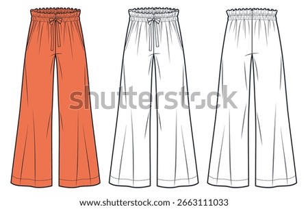 Wide Leg Drawstring Pants with Ruffled Waistband Technical Fashion Illustration. Jogger Pants fashion flat technical drawing template, front and back view, white, orange, women, men, unisex CAD mockup