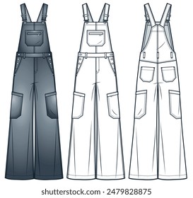 Wide Leg Dungarees fashion technical drawing template. Denim Overalls, Jumpsuit technical fashion illustration, pockets, oversize, front and back view, white, gray, women, men, unisex CAD mockup set.