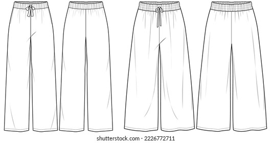 wide leg elastic waist drawstring pant flat sketch vector illustration pajama pants front and back technical cad drawing template