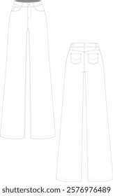 Wide leg jeans fashion flat sketch. Front and back view in editable vector.