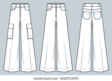 Wide Leg Jeans Pants technical fashion illustration. Cargo Pants fashion flat technical drawing template, high waist, pockets, front and back view, white, women, men, unisex CAD mockup set.