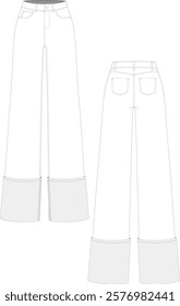 Wide leg jeans with turn up hems fashion flat sketch. Front and back view in editable vector.