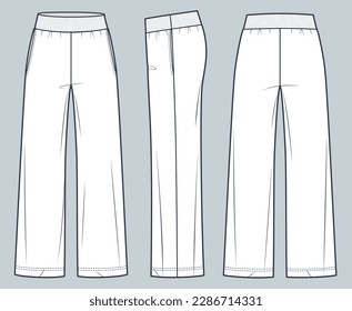 Wide leg Jogger Pants fashion flat technical drawing template. Sweat Pants technical fashion illustration, oversize, ribbed waistband, front, side and back view, white, women, men, unisex CAD mockup. 