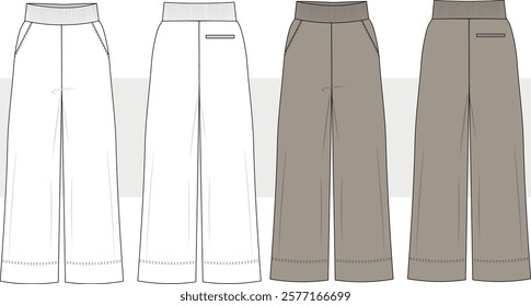 Wide leg Jogger Pants fashion flat technical drawing template. Sweat Pants technical fashion illustration, oversize, ribbed waistband, front and back view, CAD mockup.