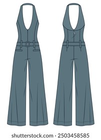 Ilustración de moda técnica de mono de pierna ancha. Plunge Jumpsuit Plantilla de dibujo técnico plano, espalda abierta, bolsillos, cremallera trasera, vista frontal y trasera, gris, mujeres, hombres, maqueta CAD unisex.