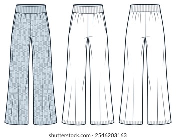 Pantalones de punto de pierna ancha ilustración de moda técnica, patrón de cable. Pantalones Jogger Plantilla de dibujo técnico plano de moda, bolsillos, vista frontal y posterior, blanco, azul, mujeres, hombres, conjunto de maquetas CAD unisex.