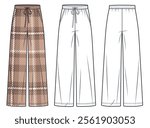 Wide leg Pants fashion flat technical drawing template, plaid design. Jogger Pants technical fashion illustration, pockets, front and back view, white,mocha, women, men, unisex CAD mockup set.