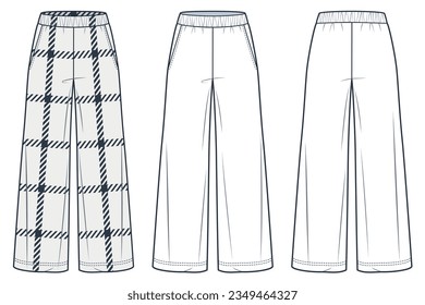 Wide leg Pants fashion flat technical drawing template, plaid design. Sweat Pants technical fashion illustration, pocket, front and back view, white, black color, women, men, unisex CAD mockup set. 