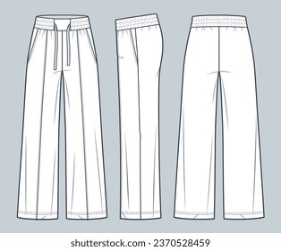 Wide leg Pants fashion flat technical drawing template. Sweat Pants with arrows technical fashion illustration, elastic waistband, front, side and back view, white, women, men, unisex CAD mockup. 