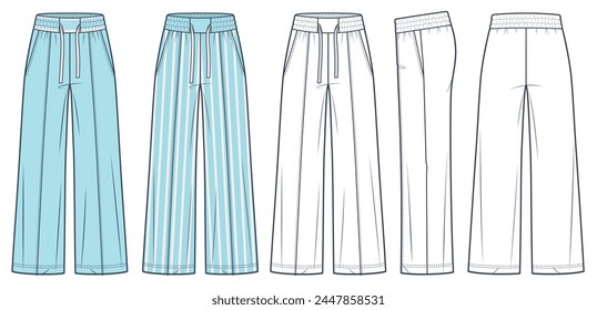 Wide leg Pants fashion flat technical drawing template. Sweat Pants with arrows technical fashion illustration, oversize, front, side and back view, white, blue, women, men, unisex CAD mockup set. 