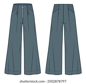 Pantalones de pierna ancha Plantilla de dibujo técnico plano de moda. Ilustración de moda técnica de pantalones de mezclilla, cintura elástica, cremallera, bolsillos, vista frontal y posterior, gris, mujeres, hombres, maqueta CAD unisex.