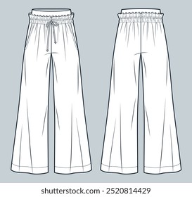 Wide Leg Pants fashion flat technical drawing template. Jogger Pants technical fashion illustration, elastic waistband, pockets, front and back view, white, women, men, unisex CAD mockup.