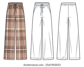 Wide leg Pants fashion flat technical drawing template, plaid design. Jogger Pants technical fashion illustration, pockets, front and back view, white,mocha, women, men, unisex CAD mockup set.