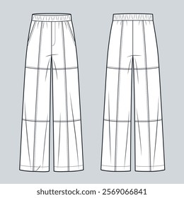 Wide leg Pants fashion flat technical drawing template. Jogger Pants technical fashion illustration, pockets, front and back view, white, women, men, unisex CAD mockup.