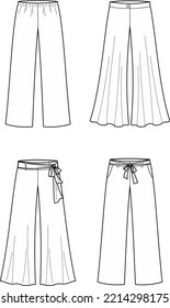 Wide leg pants flat sketch. Summer trousers set apparel design. Front view. Women CAD mockup. Fashion technical drawing template. Vector illustration.