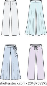 Wide leg pants flat sketch. Summer trousers set apparel design. Front view. Women CAD mockup. Fashion technical drawing template. Vector illustration.