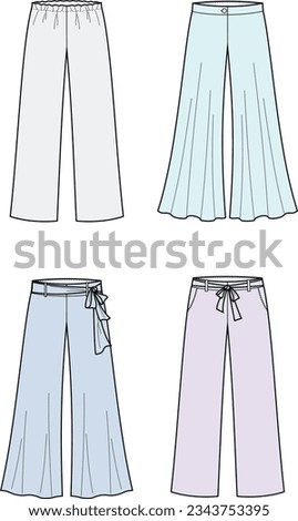 Wide leg pants flat sketch. Summer trousers set apparel design. Front view. Women CAD mockup. Fashion technical drawing template. Vector illustration.