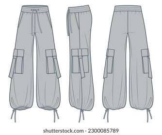 Breites Bein Pants technische Modegrafik, Modedesign, Zuging, Übergröße, Tasche, elastische Bänder, Vorderseite- und Rückansicht, grau, Frauen, Männer, unisex CAD-Mockset. 