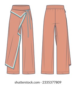 Wide Leg Pants technical fashion Illustration. Wrap Pants, Asymmetric Skirt over Pants fashion flat technical drawing template, front, back view, peach color, women, men, unisex CAD mockup. 