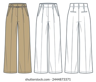 Wide Leg Pants technical fashion illustration. Classic Pants fashion flat technical drawing template, high waist, front and back view, white, camel brown, women, men, unisex CAD mockup set. 