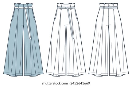 Wide Leg Pants technische Mode-Illustration. Rock Pants Mode flache technische Zeichnung Vorlage, Falten, Rücken Reißverschluss, Tasche, Gürtel, vorne, Rückansicht, weiß, blau, Damen, Männer, Unisex CAD Mockup Set.