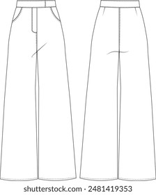 wide leg sailor palazzo pant trouser template technical drawing flat sketch cad mockup fashion woman design style model denim jean