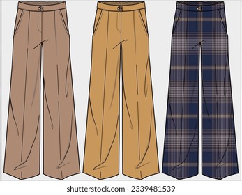 WIDE LEG SLOUCHY FIT BOTTOM WITH PLEATED FRONT AND REGULAR WAIST IN CHECKERED PLAID PATTERN DESIGNED FOR WOMEN AND TEENS WEAR IN EDITABLE FILE