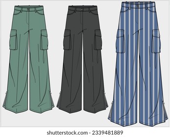 WIDE LEG SLOUCHY FIT BOTTOM WITH SIDE SLIT ZIPPER DETAIL PANTS TROUSER INSTRIPER PATTERN DESIGNED FOR WOMEN AND TEENS WEAR IN EDITABLE FILE