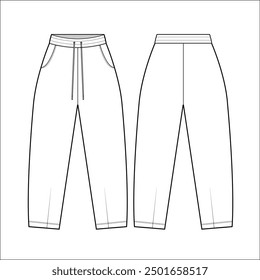 pantalones deportivos de pierna ancha Ilustración de dibujo técnico plano Cinco bolsillos Classic Blank Streetwear Plantilla de maqueta para Design Tech Packs CAD Joggers