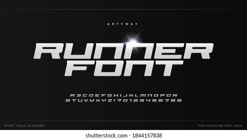 Wide Logo Font. Runner letters with blade steel texture. Sport style alphabet for modern speed logo, dynamic poster headline, action typographic. Vector typography.