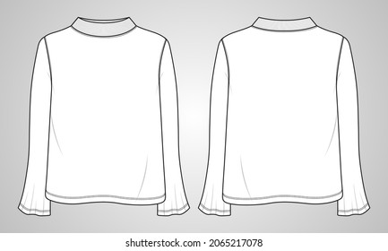 Wide Long Sleeve With High Neck, T- shirt  tops for ladies. Technical fashion flat sketch Apparel Vector  illustration Template Front and back views. Women's Unisex CAD mock up.