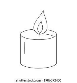 A wide low candle burns. Double flame.Contour black and white isolated illustration in doodle style on white background.